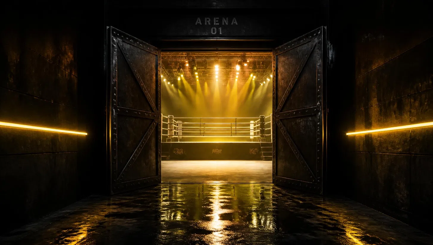 Portões abertos revelando o ringue iluminado